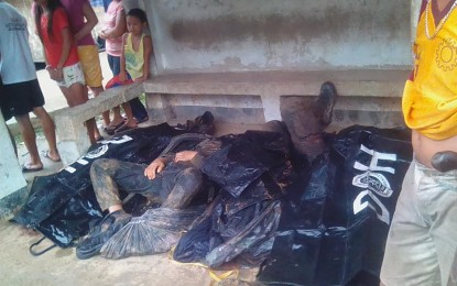 <p><strong>FATALITIES.</strong> Bodies of slain policemen brought to a waiting shed in San Roque village, Sta. Rita Samar on Monday (June 25, 2018). <em>(Photo courtesy of Semsen Ramirez) </em></p>